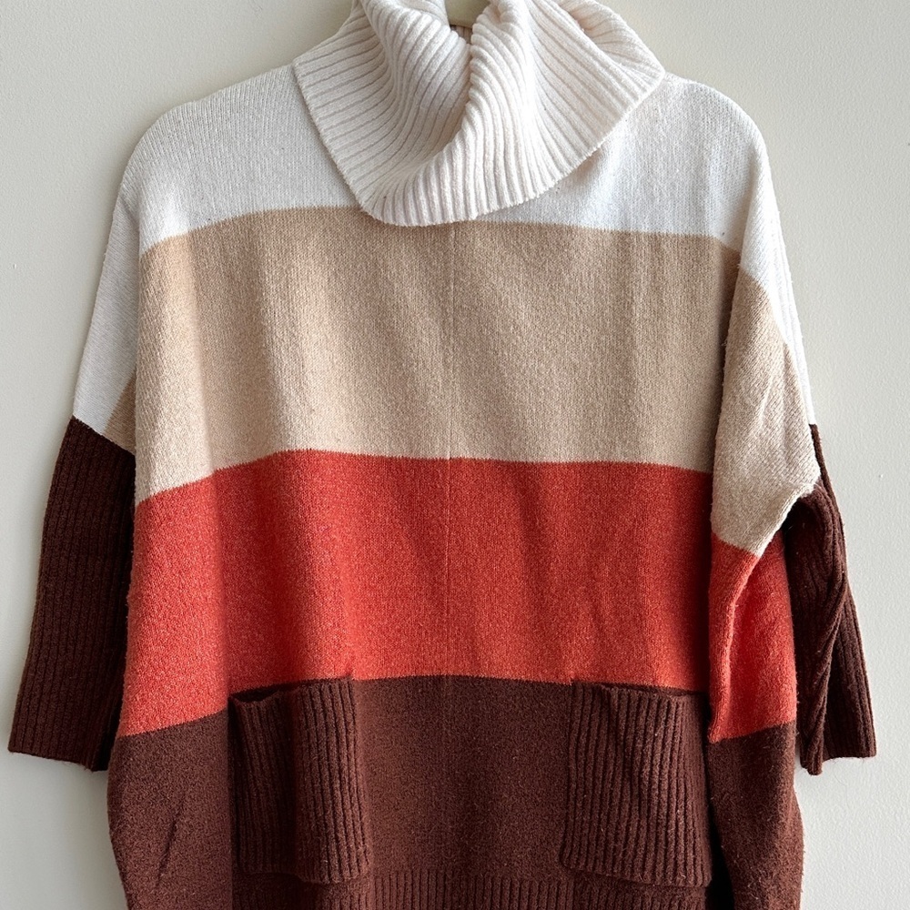 LOFT Tri Colorblock Cowl Neck Sweater, Cream/Tan/Orange/Brown, Size Small